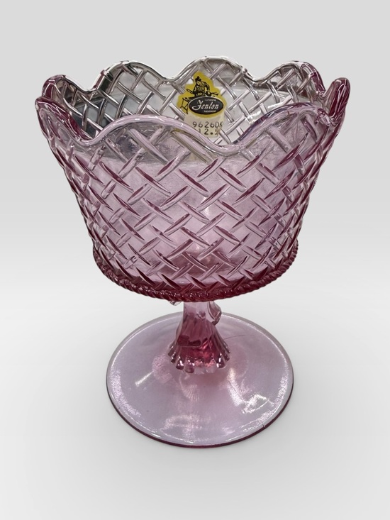 Fenton Other - Fenton Pink Basket Weave Ribbon Bow Pedestal Compote Dish Original Sticker NEW